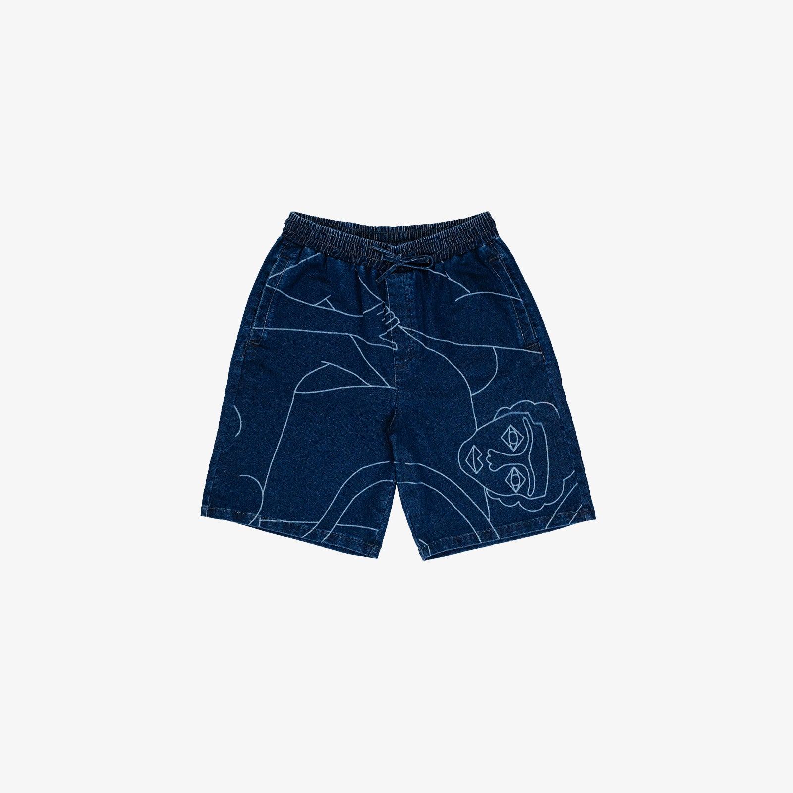 Short palazzo confort (jambe large) avec dessin au laser au trait sur le devant et la poche plaquée dos, droite au porté. Taille élastiquée. Maille indigo 83%coton-15%plolyester-2%elastane. Surpiqûres gros fil ton sur ton.