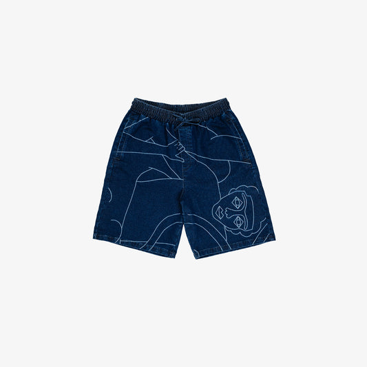 Short palazzo confort (jambe large) avec dessin au laser au trait sur le devant et la poche plaquée dos, droite au porté. Taille élastiquée. Maille indigo 83%coton-15%plolyester-2%elastane. Surpiqûres gros fil ton sur ton.