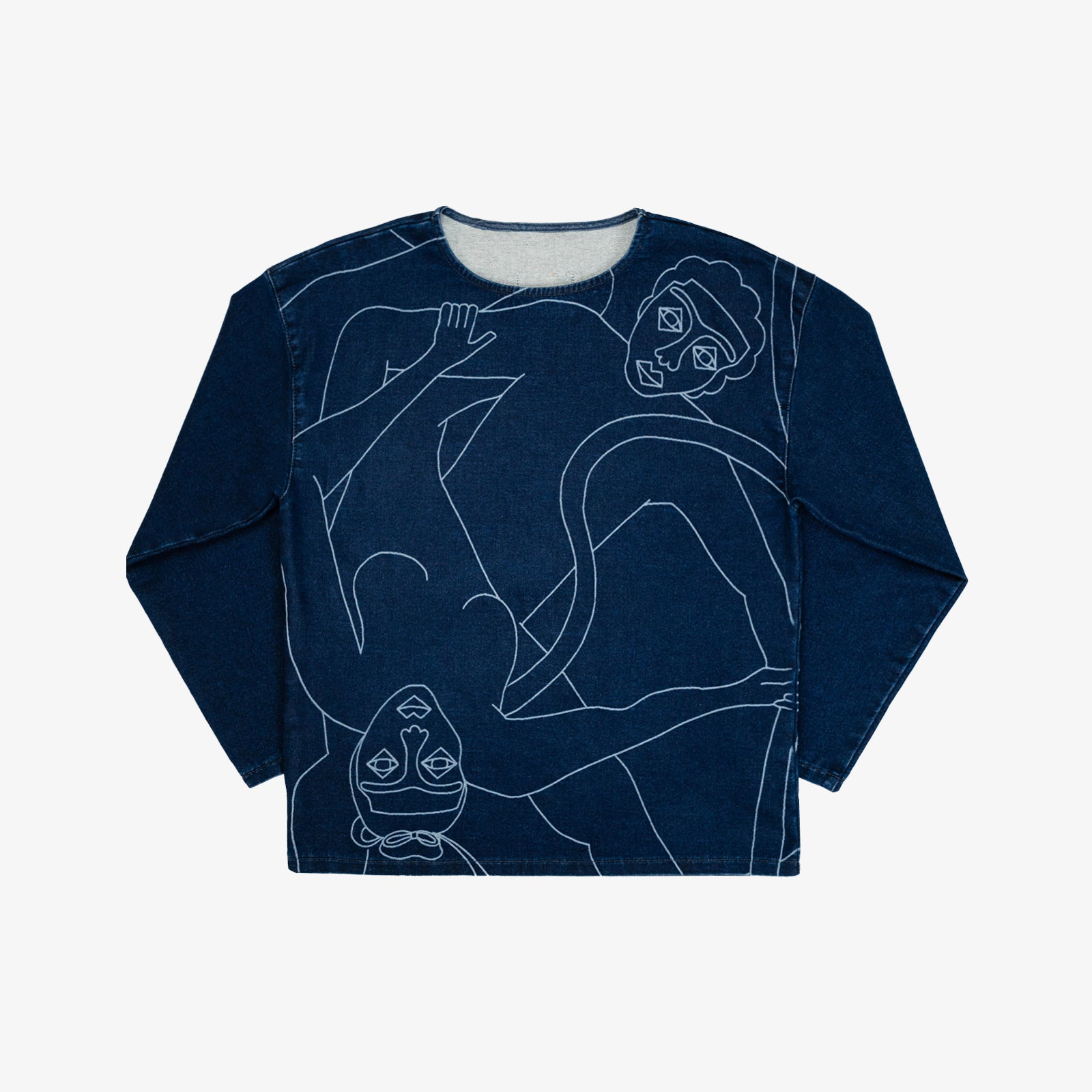 Marinière en jogg jeans avec dessin imprimé laser au trait sur le devant. Maille indigo 83%coton-15%plolyester-2%elastane. Surpiqûres gros fil ton sur ton. Jacron cuir embossés, personnalisés.