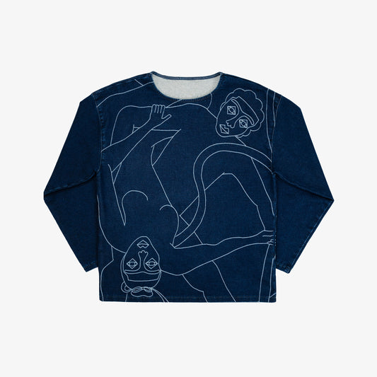 Marinière en jogg jeans avec dessin imprimé laser au trait sur le devant. Maille indigo 83%coton-15%plolyester-2%elastane. Surpiqûres gros fil ton sur ton. Jacron cuir embossés, personnalisés.