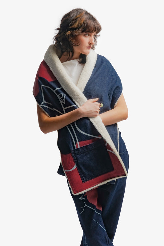 Grande écharpe en denim bleu intense 100% coton, pensée pour offrir un porté poncho grâce à un bouton intégré. Son volume enveloppant procure chaleur et élégance, tandis qu’une grande impression en sérigraphie habille la moitié de sa surface. Les aplats rouges et lignes blanches rendent hommage à la fresque Avec Vous. Finitions soignées avec surpiqûres ton sur ton, bouton embossé et gomme personnalisée.