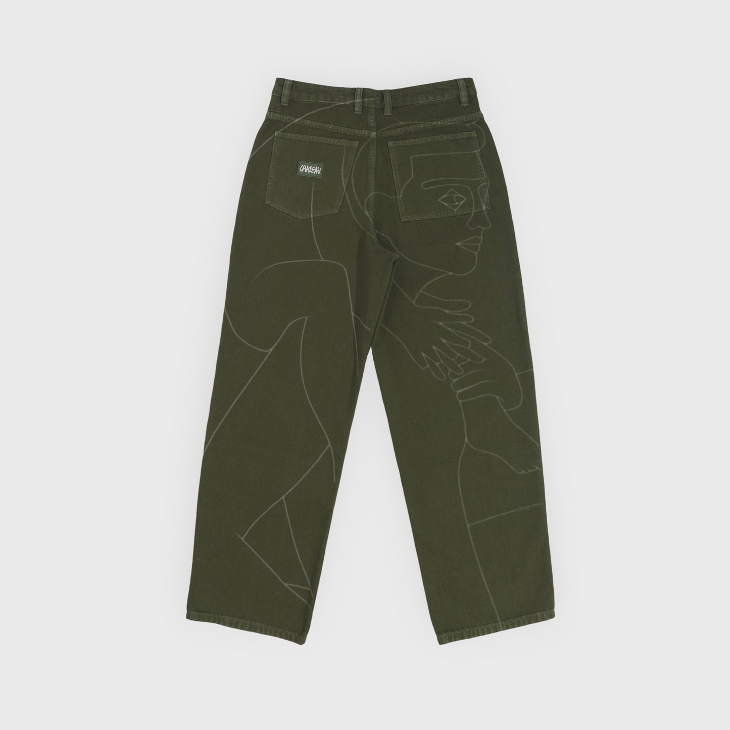 Pantalon 4P avec dessin imprimé au laser haute définition sur tout le dos du pantalon.
Toile 100% coton teint en pièce.
Surpiqûres gros fil ton sur ton.