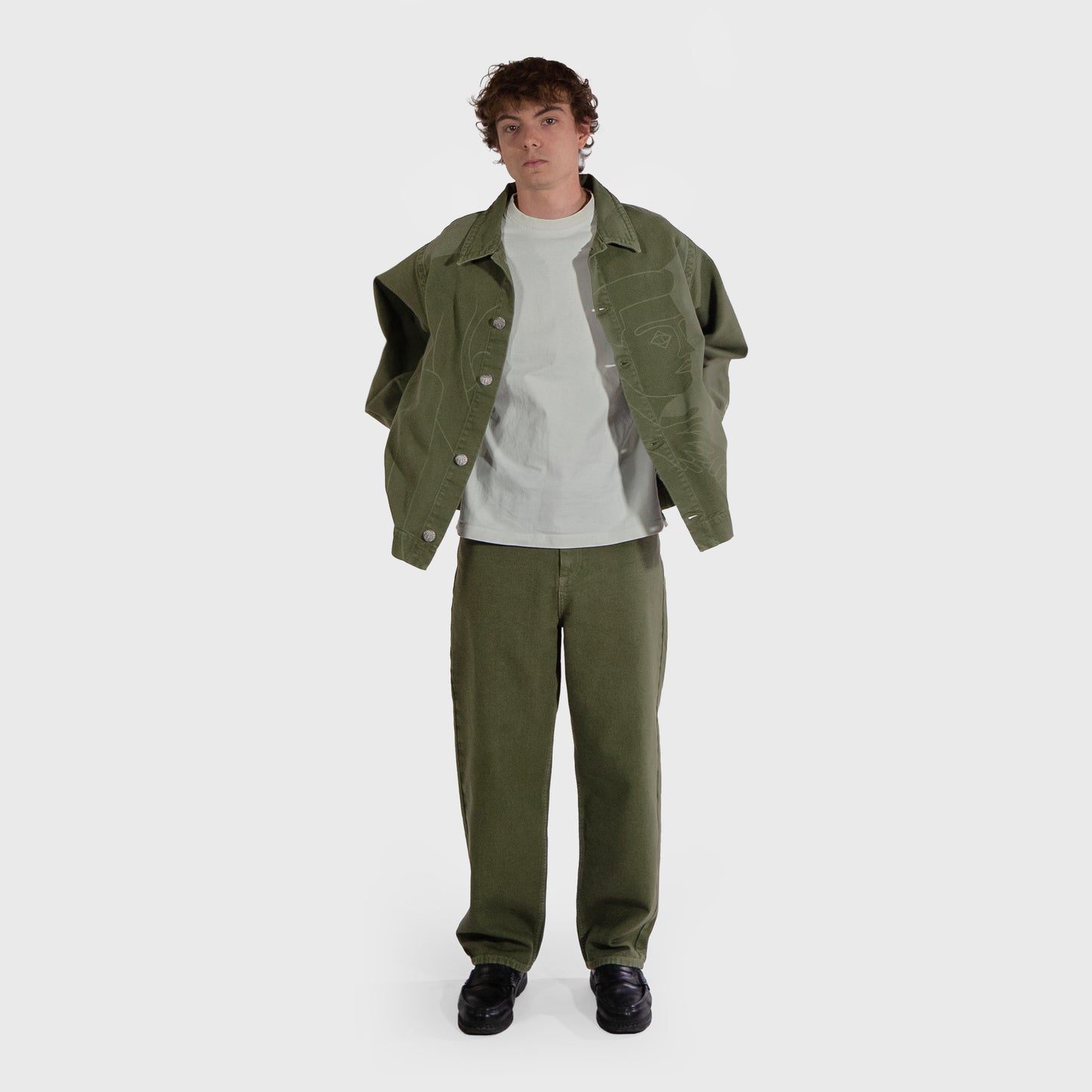Veste kaki en coton, manches ballons, imprimé au laser haute définition.