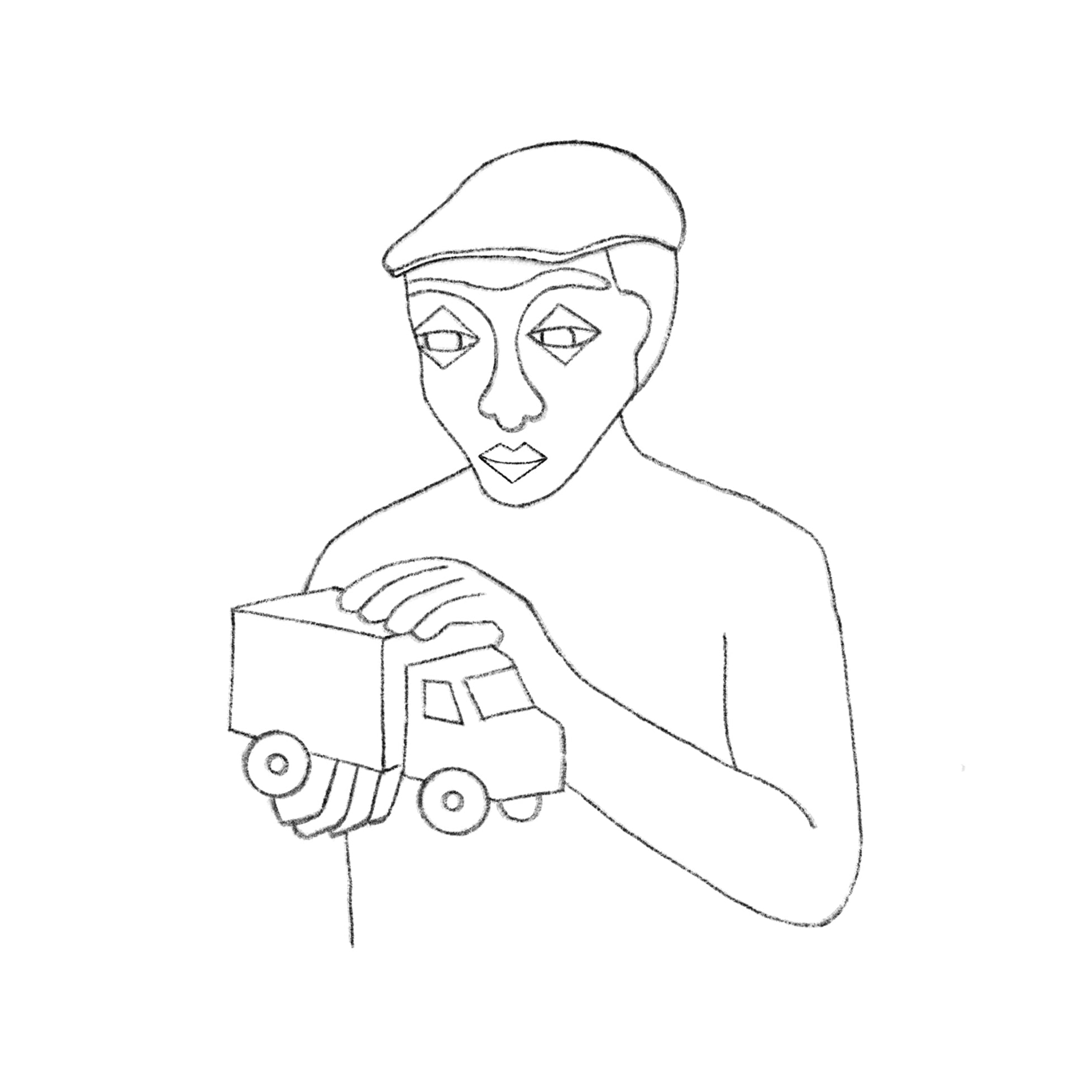 Dessin d'un homme qui tient un camion comme si c'était son chat