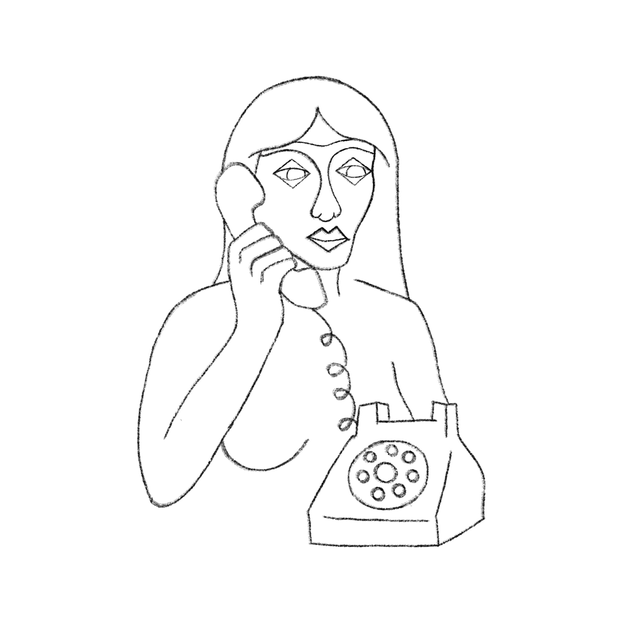 Dessin d'une femme qui tient un téléphone vintage 