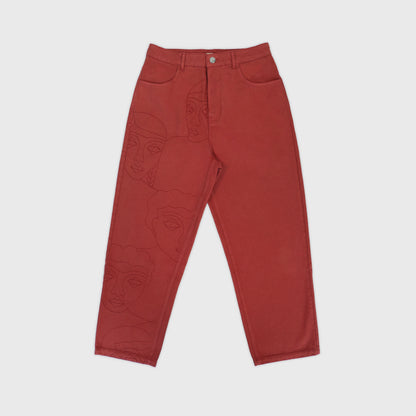Pantalon 4P en coton brique 100%, coupe droite structurée avec broderies ton sur ton sur la jambe. Atelier Chazeau, marque française de streetwear premium mixte.