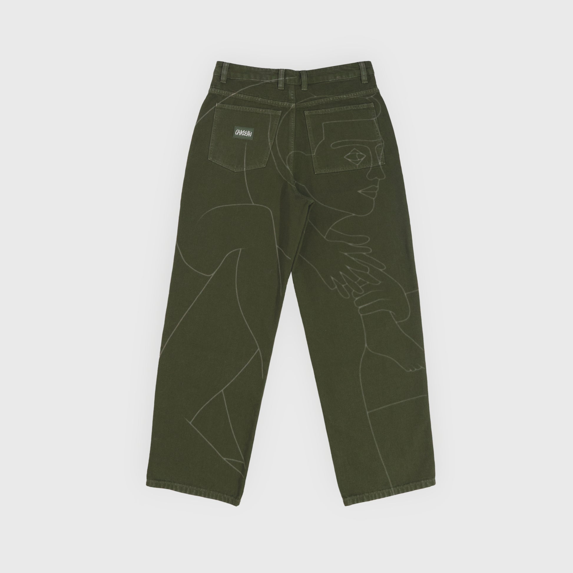 Pantalon 4P avec dessin imprimé au laser haute définition sur tout le dos du pantalon.
Toile 100% coton teint en pièce.
Surpiqûres gros fil ton sur ton.