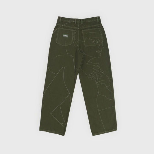 Pantalon 4P avec dessin imprimé au laser haute définition sur tout le dos du pantalon.
Toile 100% coton teint en pièce.
Surpiqûres gros fil ton sur ton.