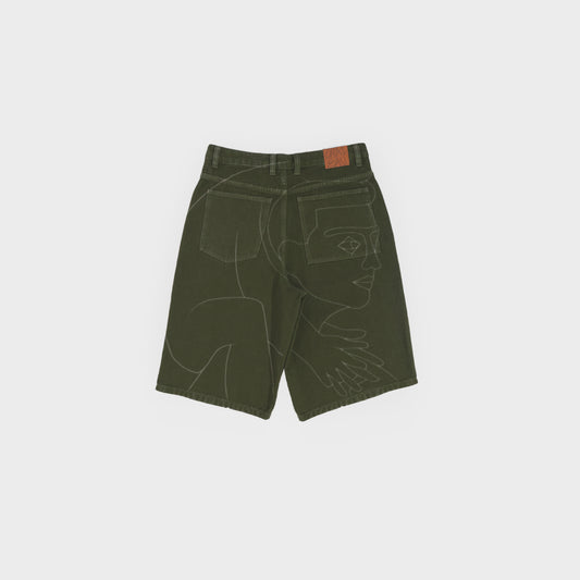 Short kaki avec dessin imprimé au laser haute définition sur tout le dos. Toile 100% coton teint en pièce. Surpiqûres gros fil ton sur ton.