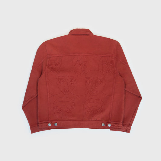 Veste trucker en coton brique avec grande broderie ton sur ton dans le dos. Atelier Chazeau, marque française de streetwear premium mixte.