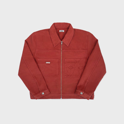 Veste trucker en coton brique avec broderies ton sur ton sur la poitrine. Atelier Chazeau, marque française de streetwear premium mixte.