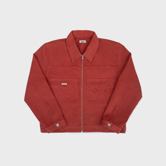 Veste trucker en coton brique avec broderies ton sur ton sur la poitrine. Atelier Chazeau, marque française de streetwear premium mixte.