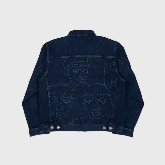 Veste trucker denim indigo avec grande impression laser haute définition au dos. Atelier Chazeau, marque française de streetwear premium mixte.